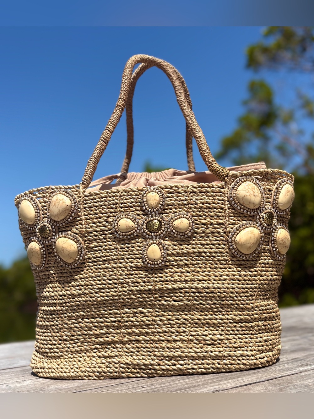 Skēmo Large Woven Straw Bag Luxury Stones Bling Double Handle Tote Designer Rare - Picture 5 of 15